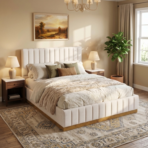 Queen Size Bed Frame With Linen Upholstered Thick Headboard, Solid Wooden Base, Beige - Linen Blend,Solid Wood,Upholstered