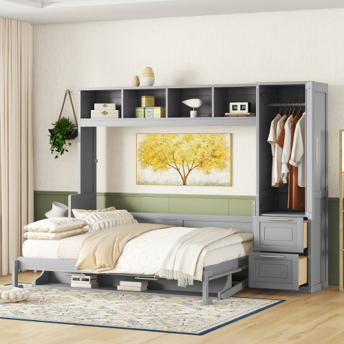 Queen Size Murphy Bed Wall Bed with Closet and Drawers,Gray(OLD SKU:LP000793AAE-1) - MDF+LVL