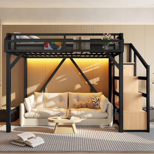 Twin Loft Bed with Storage Stairs, Shelves and Built-in Wardrobe, Metal Loft Bed Frame with USB Ports and LED Lights, Noise-reduced Design, Black - MDF+Metal
