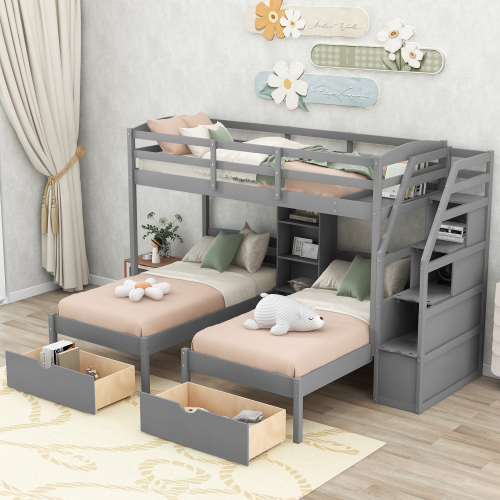 Twin over Twin&Twin Bunk Bed, Triple Bunk Bed with Drawers, Staircase with Storage, Built-in Shelves, Gray(Old SKU:GX000324AAE) - Pine - Box Spring Not Required - Wood