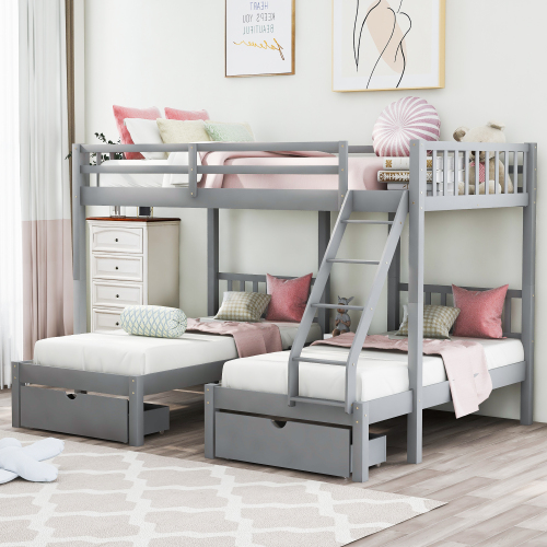 Full Over Twin & Twin Bunk Bed, Wood Triple Bunk Bed with Drawers and Guardrails, Gray (OLD SKU: LT000343AAE) - Solid Wood+MDF