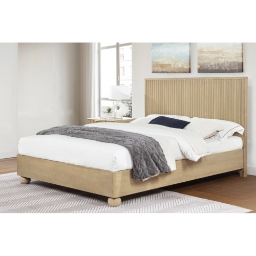 California King Size Wooden Platform Bed with Fluted Panels Headboard – Modern Minimalist Design, Light Oak Finish - MDF,Plywood,Rubber Wood - Contemporary - Bedroom - Bed Frame - Box Spring Not Required - Rubberwood - Nature