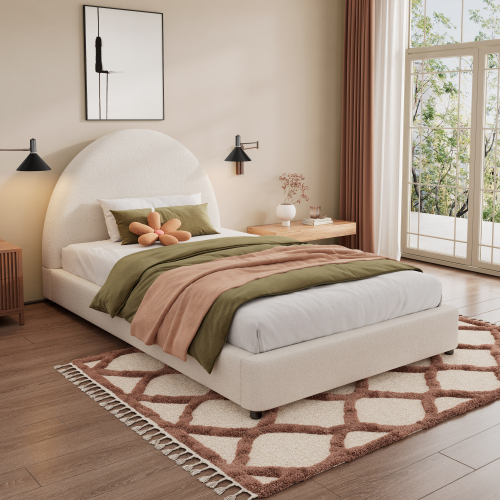 Twin Size Bed Frame With Boucle Upholstered Round Curved Headboard, White - Boucle,Plywood,Upholstered