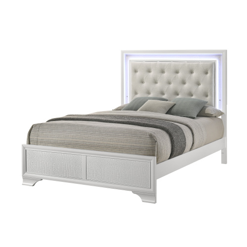 1pc Modern White Textured Finish Tufted Headboard Upholstered Integrated LED Lighting King Size Panel Bed Button Tufted Wooden Bedroom Furniture - Oat,White - Solid Wood,Wood - Contemporary,Modern - Box Spring Required