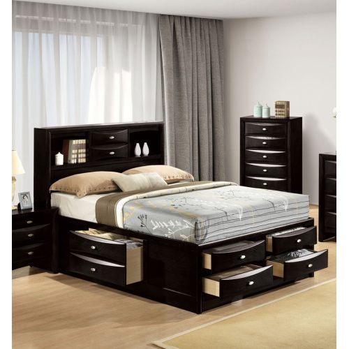 Contemporary Queen Size Bed W Footboard Drawers Headboard Bookcase Black Color 1pc Bed Bedroom Furniture - Engineered Wood,Solid Wood - Contemporary,Glam,Transitional - Not Specified - Not Specified - Not Specified - Engineered Wood - Solid Wood - Bed Frame - Box Spring Not Required - Wood - Rubberwood - Not Specified - Not Specified