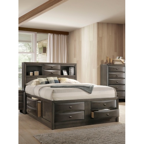 Contemporary Queen Size Bed W Footboard Drawers Headboard Bookcase Gray Color 1pc Bed Bedroom Furniture - Engineered Wood,Solid Wood - Contemporary,Glam,Transitional - Not Specified - Not Specified - Not Specified - Engineered Wood - Solid Wood - Bed Frame - Box Spring Not Required - Wood - Rubberwood - Not Specified - Not Specified