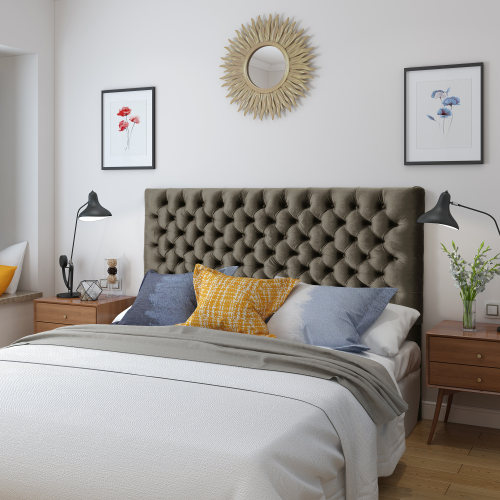 Tufted Upholstered Queen Size Bed Headboard in Modern Button Design, Adjustable Solid Wood Head Board, Solid Wood Head Board with Durable Metal Legs in Bedroom - Grey - Velvet - Grey - Velvet