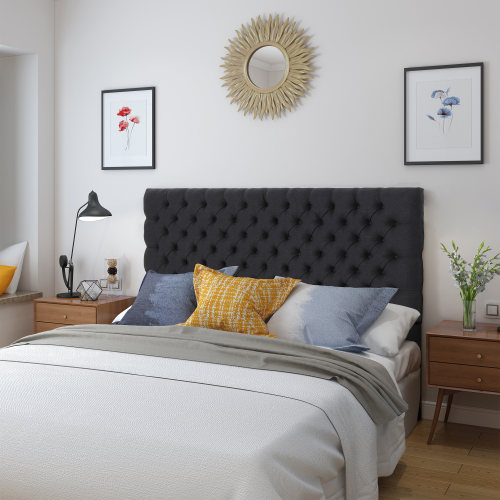 Tufted Upholstered Queen Size Bed Headboard in Modern Button Design, Adjustable Solid Wood Head Board, Solid Wood Head Board with Durable Metal Legs in Bedroom - Charcoal grey - Fabric - Charcoal grey - Fabric