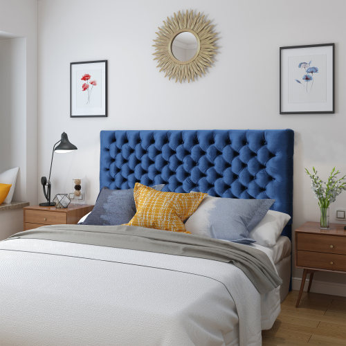 Tufted Upholstered Queen Size Bed Headboard in Modern Button Design, Adjustable Solid Wood Head Board, Solid Wood Head Board with Durable Metal Legs in Bedroom - Navy Blue - Velvet - Navy Blue - Velvet
