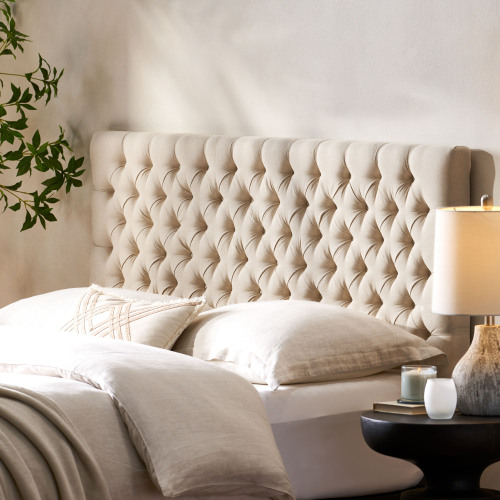 Tufted Upholstered Queen Size Bed Headboard in Modern Button Design, Adjustable Solid Wood Head Board, Solid Wood Head Board with Durable Metal Legs in Bedroom - Beige - Fabric - Not Specified - Beige