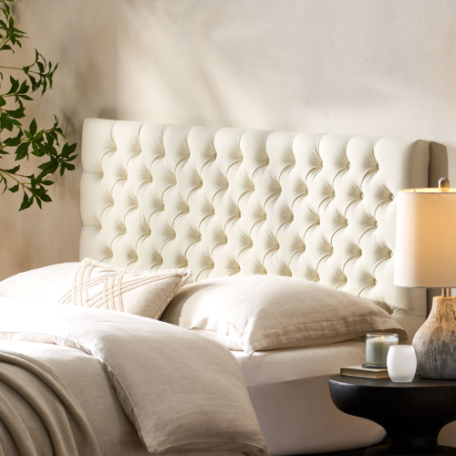 Tufted Upholstered Queen Size Bed Headboard in Modern Button Design, Adjustable Solid Wood Head Board, Solid Wood Head Board with Durable Metal Legs in Bedroom - Ivory - Fabric - Not Specified - Ivory