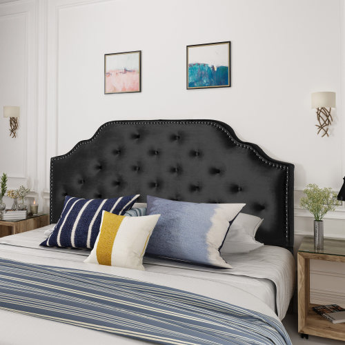 Tufted Upholstered Headboard Queen Size, Solid Wood Head Board with Durable Metal Legs, Adjustable Height Queen headboard with Nailhead Trim,fabric Headboard in Modern Button Tuffted Design - Black - Velvet - Black - Velvet