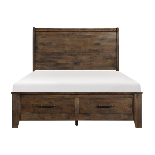 Burnished Brown Finish Classic Queen Bed with Footboard Storage All Solid Rubberwood Platform Bed Bedroom Furniture - Brown Mix - Classic,Transitional - Not Specified - Brown Mix - Storage Included - Box Spring Not Required