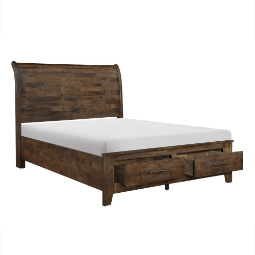 California King Platform Bed with Footboard Storage Sleigh Headboard Brown Finish Bedroom Furniture 1pc - Brown Mix - Wood - Rustic,Transitional - Not Specified - Brown Mix - Wood - Not Specified - Box Spring Not Required - Wood