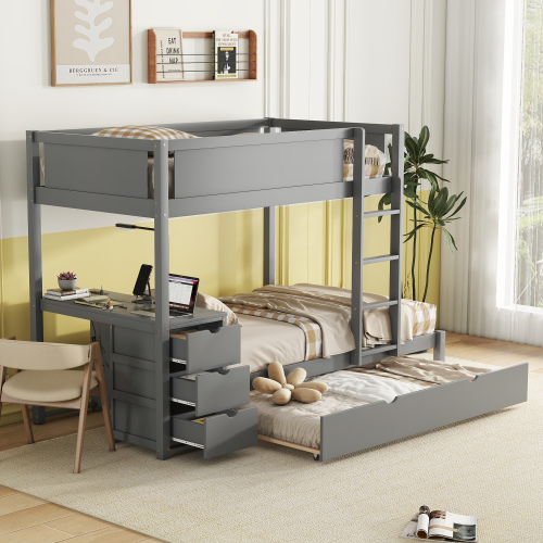 Twin-Over-Twin Bunk Bed with Twin size Trundle, Storage and Desk, Gray - Solid Wood - Solid Wood
