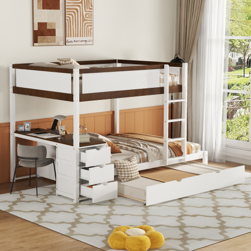 Full-Over-Full Bunk Bed with Twin size Trundle, Storage and Desk, White+Walnut - Solid Wood - Solid Wood - White+Walnut - Solid Wood - Walnut - Solid Wood