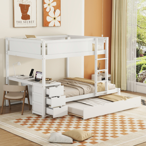 Full-Over-Full Bunk Bed with Twin size Trundle, Storage and Desk, White - Solid Wood - Solid Wood