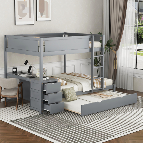 Full-Over-Full Bunk Bed with Twin size Trundle, Storage and Desk, Gray - Solid Wood - Solid Wood - Gray - Solid Wood - Gray - Solid Wood