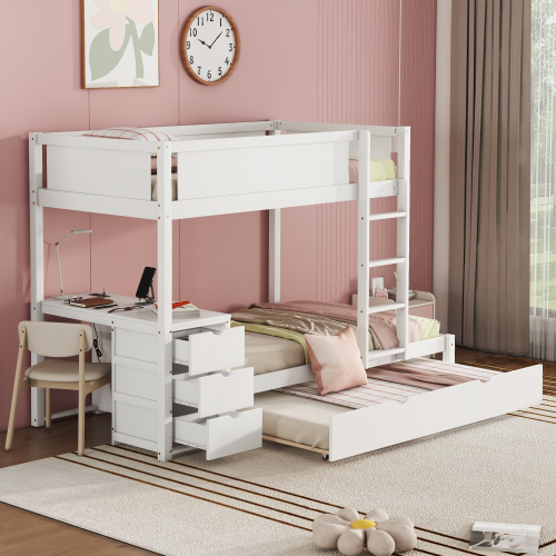 Twin-Over-Twin Bunk Bed with Twin size Trundle, Storage and Desk, White(OLD SKU:LT000363AAK) - Solid Wood - Solid Wood