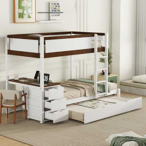 Twin-Over-Twin Bunk Bed with Twin size Trundle, Storage and Desk, White+Walnut(OLD SKU:LT000363AAD) - Solid Wood - Solid Wood