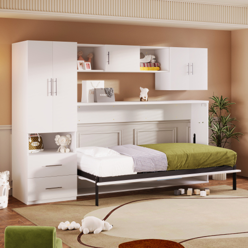 Twin Size Murphy Bed with Open Shelves and Storage Drawers,Built-in Wardrobe and Table, White - Solid Wood+MDF