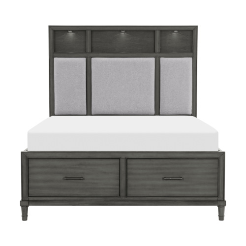 Gray Queen Platform Bed w Storage Drawers Upholstered Headboard USB Ports LED Lights Bedroom Furniture Transitional Style - Wood - Not Specified - Wood - Storage Included - Box Spring Not Required - Wood