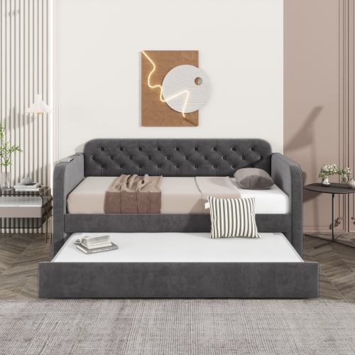 Twin Size Upholstered Daybed with Trundle and USB Charging Design, Velvet Upholstered Daybed Frame, Twin Sofa Bed for Living Room Bedroom, No Box Spring Needed,Plush velvet fabric dark grey 18# - American Design - Box Spring Not Required - Wood