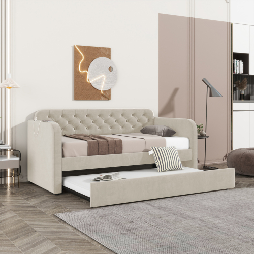 Twin Size Upholstered Daybed with Trundle and USB Charging Design, Velvet Upholstered Daybed Frame, Twin Sofa Bed for Living Room Bedroom, No Box Spring Needed,Plush velvet fabric LIGHT BEIGE 2# - American Design - Box Spring Not Required - Wood