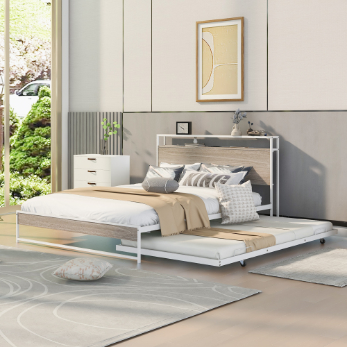 Queen Size Metal Platform Bed Frame with Trundle, USB Ports and Slat Support ,No Box Spring Needed White - Not Specified - Not Specified