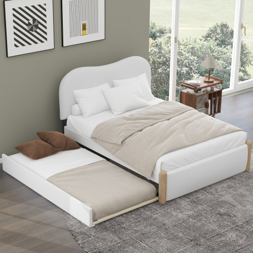 Full Size Upholstered Platform Bed with Wood Supporting Feet and Twin Size Trundle, White - Bedroom - Box Spring Not Required - Bedroom - Not Specified - Not Specified
