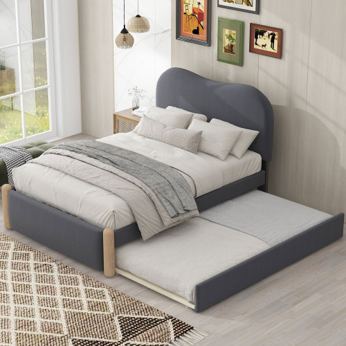 Twin Size Upholstered Platform Bed with Wood Supporting Feet and Twin Size Trundle, Gray - Bedroom - Box Spring Not Required - Bedroom - Bed Frame - Not Specified