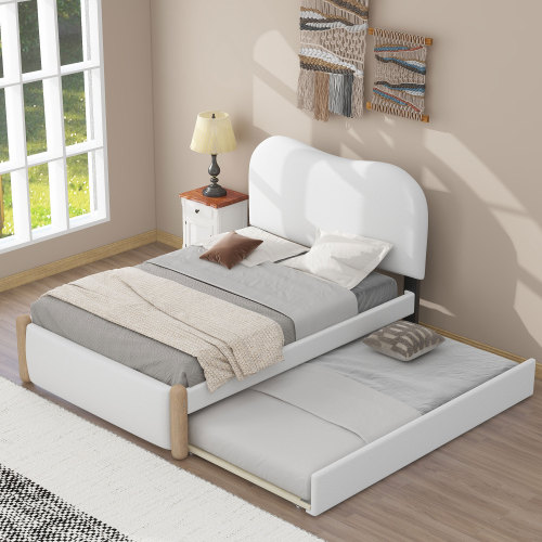 Twin Size Upholstered Platform Bed with Wood Supporting Feet and Twin Size Trundle, White - Bedroom - Box Spring Not Required - Bedroom - Bed Frame - Not Specified