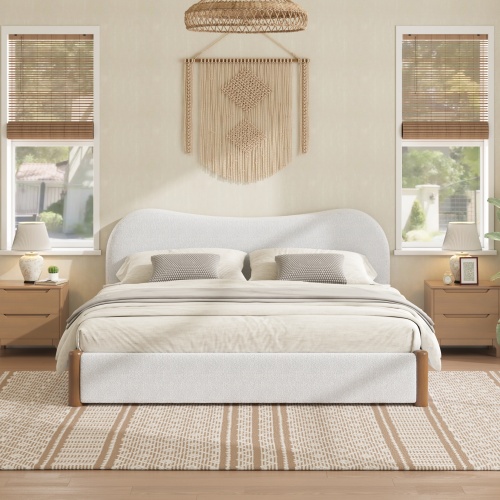 Queen Size Upholstered Platform Bed with Wood Supporting Feet, White - Not Specified - Box Spring Not Required - Not Specified - Not Specified