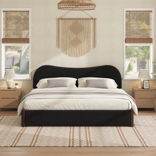 Queen Size Upholstered Platform Bed with Wood Supporting Feet, Black - Not Specified - Box Spring Not Required - Not Specified - Not Specified