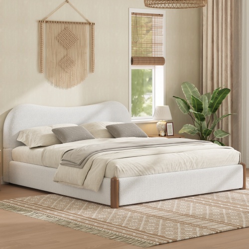 King Size Upholstered Platform Bed with Wood Supporting Feet, White - Not Specified - Box Spring Not Required - Not Specified - Not Specified