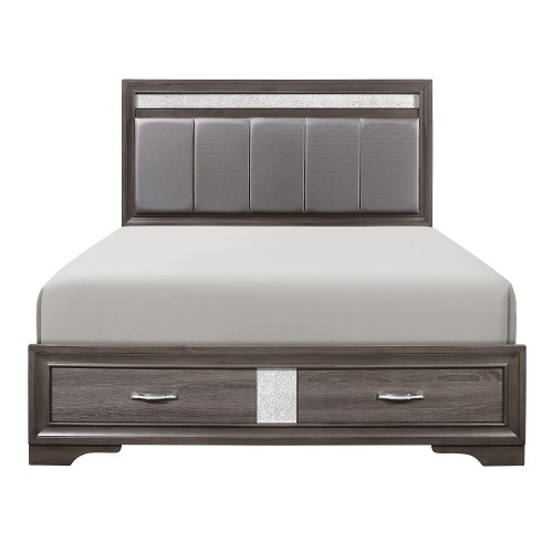 Queen Platform Bed with Footboard Drawers Upholstered Headboard, Gray and Silver Glitter, Contemporary Bedroom Furniture - Wood - Not Specified - Wood - Storage Included - Box Spring Not Required - Faux Leather - Wood