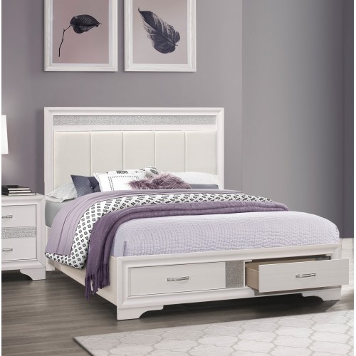Modern Glam White Finish 1pc Queen Platform Bed with Drawers Storage Upholstered Headboard Silver Glitter Accent Wooden Bedroom Furniture - Glam,Modern - Not Specified - Storage Included - Box Spring Not Required - Faux Leather