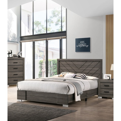Contemporary Grey Finish Unique Queen Size Bed 1pc Bedroom Furniture Unique Lines Headboard Wooden - Gray - Solid Wood+MDF - Classic,Contemporary,Modern - Not Specified - Not Specified - Not Specified - Not Specified - Gray - Solid Wood - Bed Frame - Box Spring Not Required