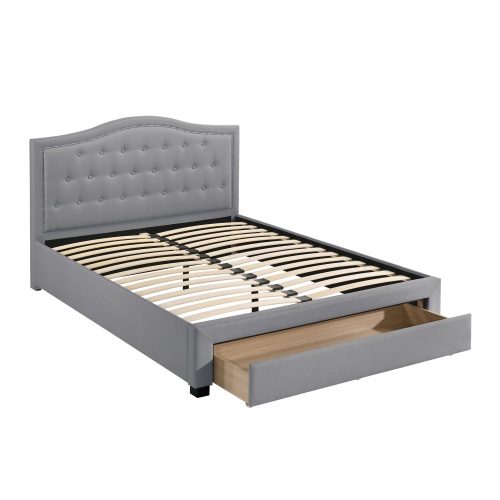 Light Grey Burlap Fabric 1pcs Queen Size Bed w Drawer Button Tufted Arch Design Headboard Storage FB Bedframe Bedroom Furniture - American Design,Contemporary,Modern,Transitional - Bed Frame - Box Spring Not Required - Wood