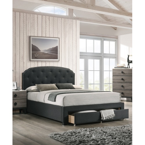 Charcoal Burlap Fabric 1pc Twin Size Bed w Drawer Button Tufted Headboard Storage Bedframe Bedroom Furniture - American Design,Contemporary,Modern,Transitional - Bed Frame - Box Spring Not Required - Wood - Not Specified