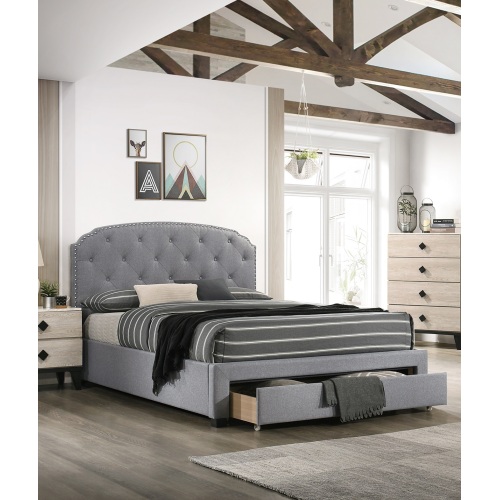 Light Grey Burlap Fabric 1pc Queen Size Bed w Drawer Button Tufted Headboard Storage Bedframe Bedroom Furniture - Light Gray - American Design,Contemporary,Modern,Transitional - Bed Frame - Box Spring Not Required - Wood - Light Gray