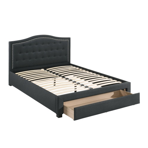 Charcoal Burlap Fabric 1pcs Full Size Bed w Drawer Button Tufted Arch Design Headboard Storage FB Bedframe Bedroom Furniture - American Design,Contemporary,Modern,Transitional - Bed Frame - Box Spring Not Required - Wood - Not Specified