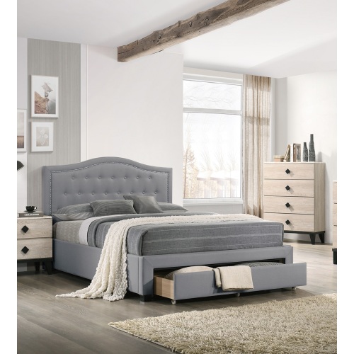 Light Grey Burlap Fabric 1pcs Twin Size Bed w Drawer Button Tufted Arch Design Headboard Storage FB Bedframe Bedroom Furniture - American Design,Contemporary,Modern,Transitional - Bed Frame - Box Spring Not Required - Wood