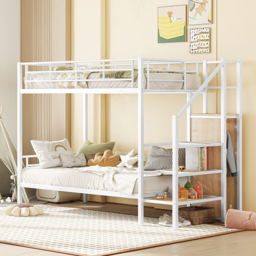 Twin Over Twin Metal Bunk Bed with Lateral Storage Ladder and Wardrobe, White - Iron
