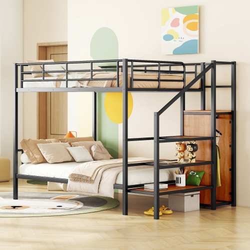 Full Over Full Metal Bunk Bed with Lateral Storage Ladder and Wardrobe, Black - Iron