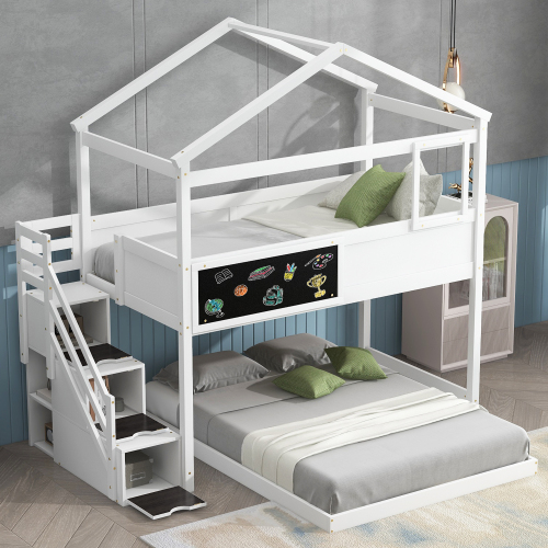 Twin over Full House Bunk Bed with Storage Staircase and Blackboard, White(Old SKU: GX001701AAK) - Pine - Bedroom - Box Spring Not Required - Wood