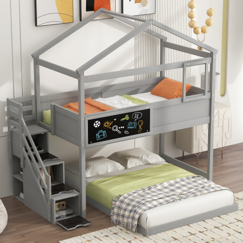 Twin over Full House Bunk Bed with Storage Staircase and Blackboard, Gray(Old SKU: GX001701AAE) - Pine - Bedroom - Box Spring Not Required - Wood