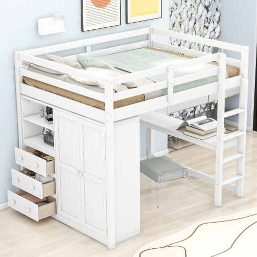 Wood Full Size Loft Bed with Built-in Wardrobe, Desk, Storage Shelves and Drawers, White - Solid Wood+MDF - Bedroom - Bed Frame - Box Spring Not Required