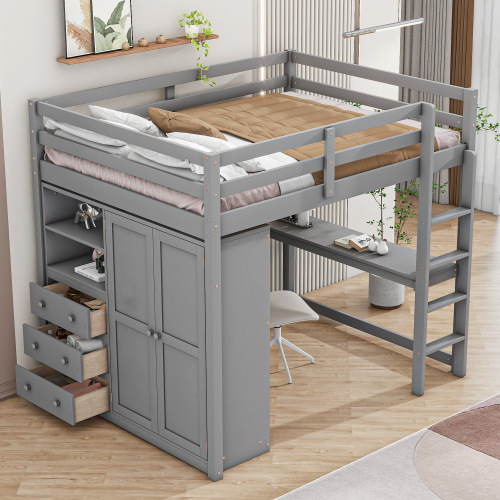 Wood Full Size Loft Bed with Built-in Wardrobe, Desk, Storage Shelves and Drawers, Gray - Solid Wood+MDF - Bedroom - Bed Frame - Box Spring Not Required