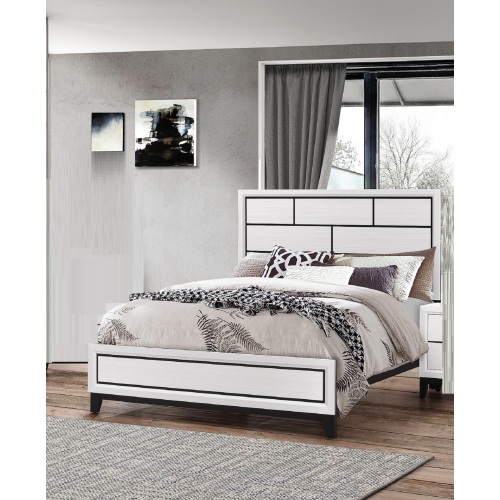 Cotemporary White Finish Queen Size Panel Low-profile Bed Geometric Design Wooden Bedroom Furniture - Solid Wood